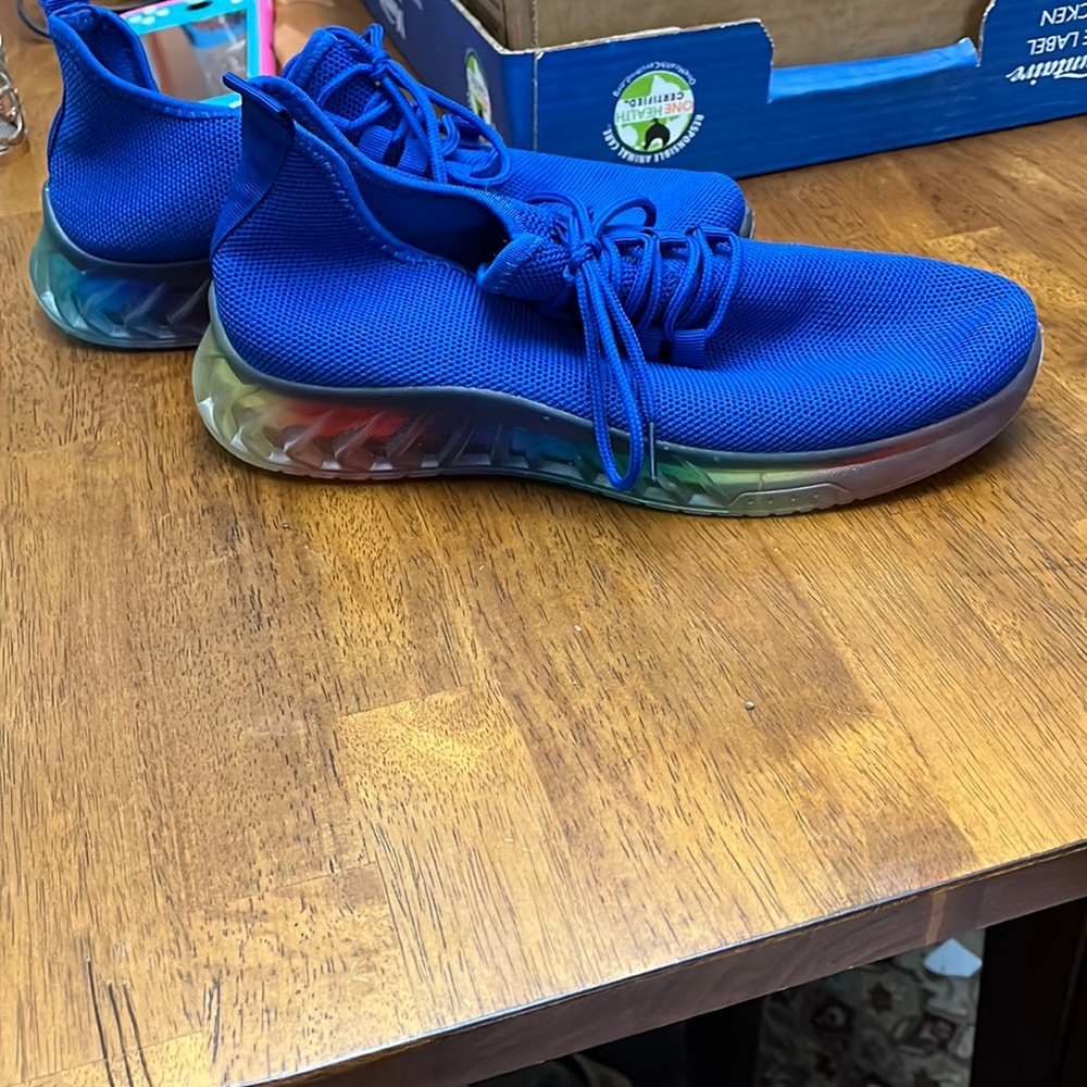 EPICSTEP size 11, royal blue mesh fabric sneakers, with rainbow soles, worn once